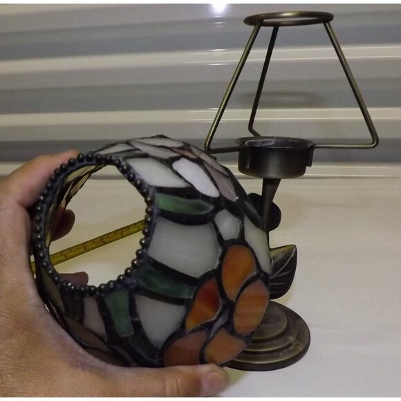 Stained Glass Tiffany Style Flower Lamp Metal Leaf Base Votive Tealight Holder - Picture 5 of 14
